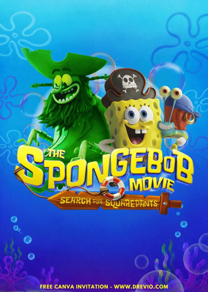 Free and Editable Spooky Davy Jones Flying Dutchman and SpongeBob Pirate Movie Birthday Invitation Templates Made in Canva. Customize Online for free