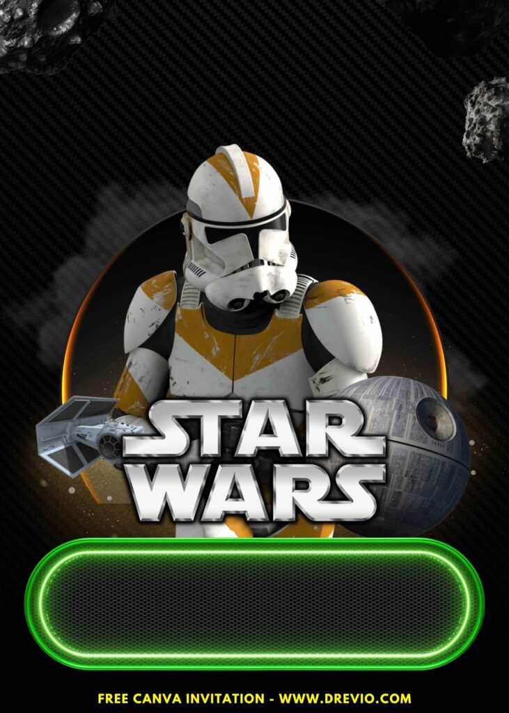 Free and Editable Star Wars Darth Trooper Vader Galaxy Birthday Invitation Templates Made in Canva. Customize Online for free