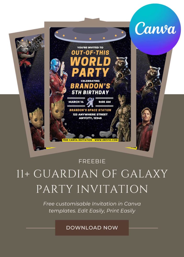 Free and Editable Epic Guardians of Galaxy Birthday Invitation Templates Made in Canva. Customize Online for free