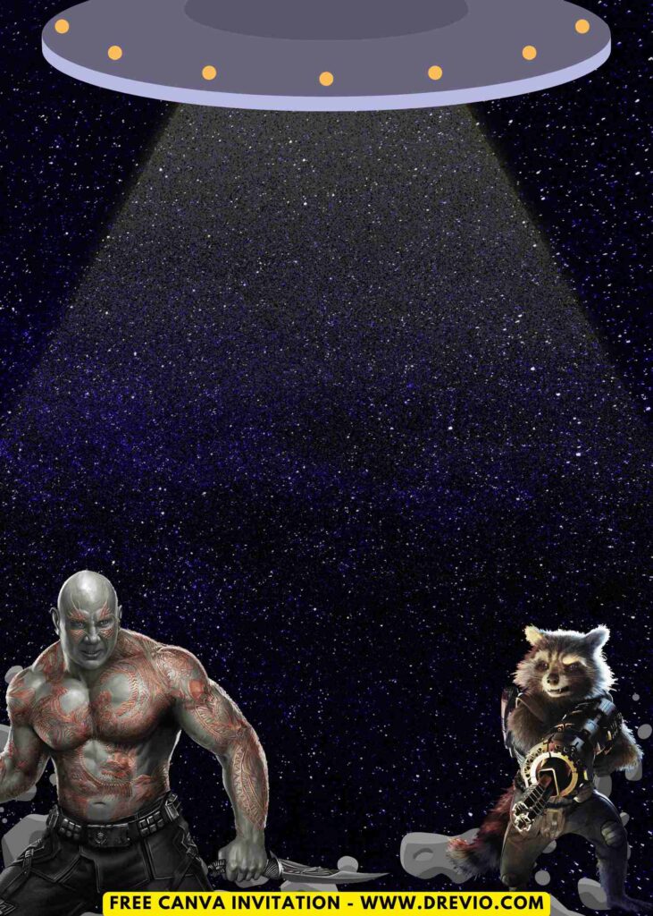 Free and Editable Awesome Drax the Destroyer and Rocket Raccoon Guardians of Galaxy Birthday Invitation Templates Made in Canva. Customize Online for free