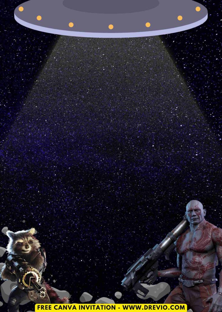 Free and Editable Rocket Raccoon and Drax the Destroyer Guardians of Galaxy Birthday Invitation Templates Made in Canva. Customize Online for free