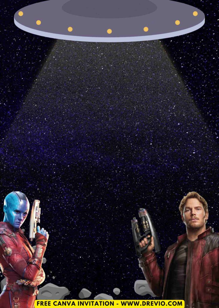 Free and Editable Guardians of Galaxy Nebula and Peter Quill Star Lord Birthday Invitation Templates Made in Canva. Customize Online for free