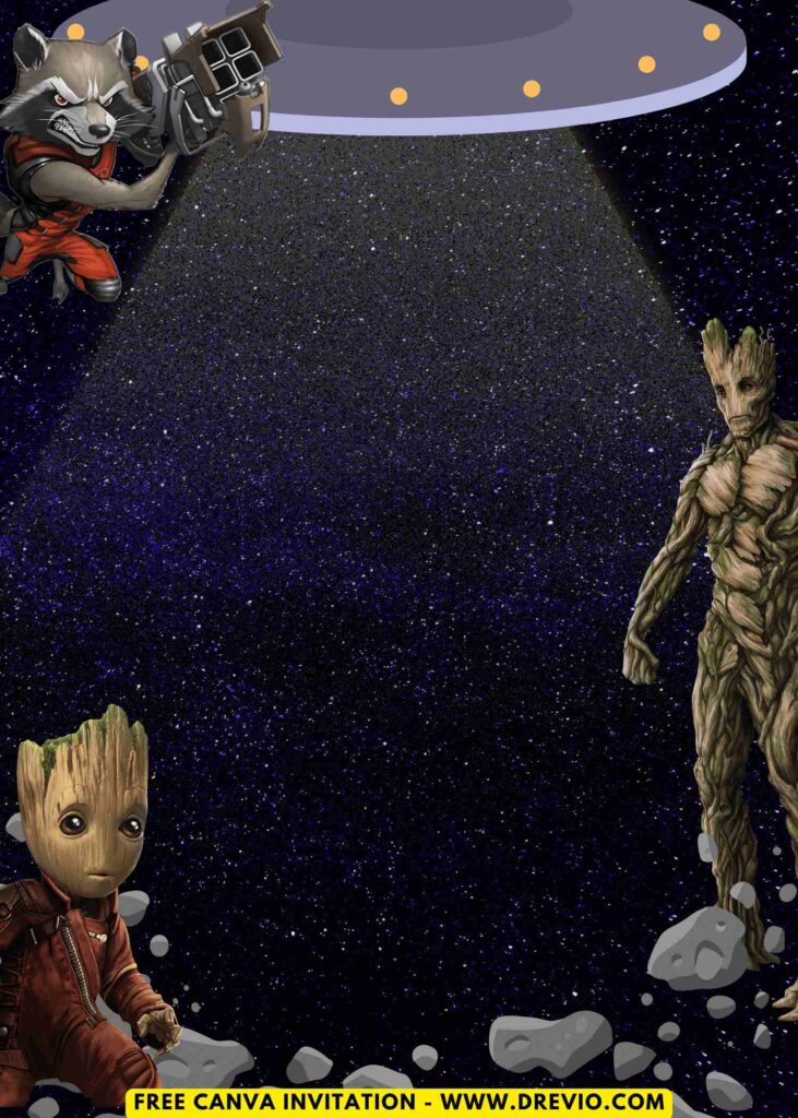 Free and Editable Rocket Raccoon and Groot Guardians of Galaxy Birthday Invitation Templates Made in Canva. Customize Online for free