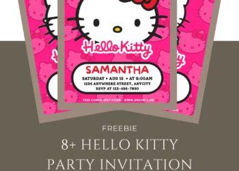Free and Editable Hello Kitty Pink Bow Birthday Invitation Templates Made in Canva. Customize Online for free