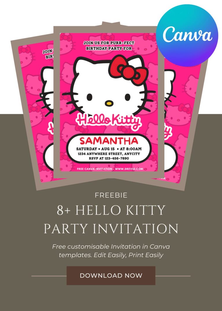 Free and Editable Hello Kitty Pink Bow Birthday Invitation Templates Made in Canva. Customize Online for free
