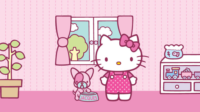 hello kitty dressed in pink polka dot dress