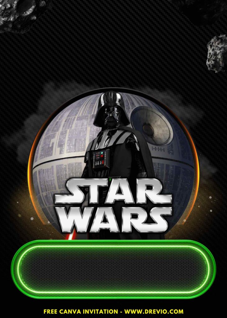 Free and Editable Awesome Star Wars Darth Vader Galaxy Birthday Invitation Templates Made in Canva. Customize Online for free