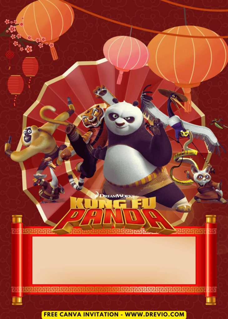 Free and Editable Kung Fu Panda Po and Friends Birthday Invitation Templates Made in Canva. Customize Online for free