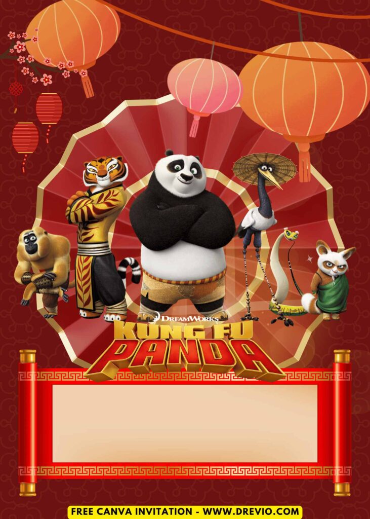 Free and Editable Red Crimson Kung Fu Panda Birthday Invitation Templates Made in Canva. Customize Online for free