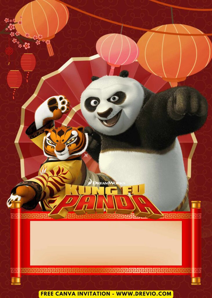 Free and Editable Kung Fu Panda Po and Tigress Birthday Invitation Templates Made in Canva. Customize Online for free