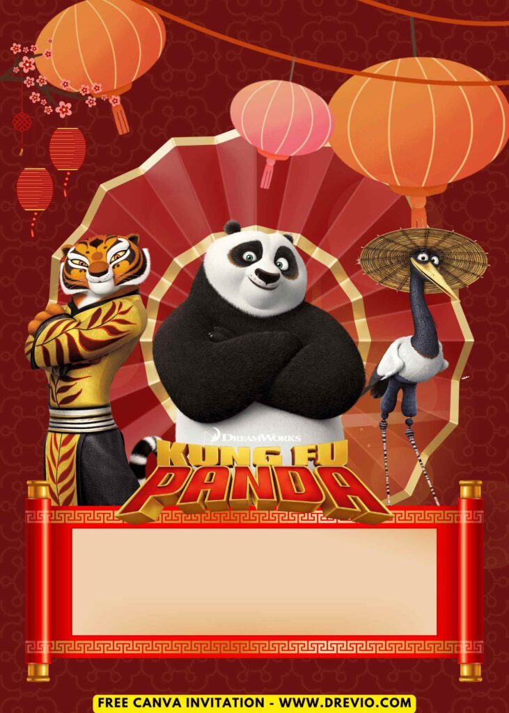 Free and Editable Kung Fu Panda Po Tigress and Master Crane Birthday Invitation Templates Made in Canva. Customize Online for free