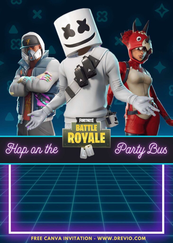 Free and Editable Fortnite Player DJ Marshmello Birthday Invitation Templates Made in Canva. Customize Online for free