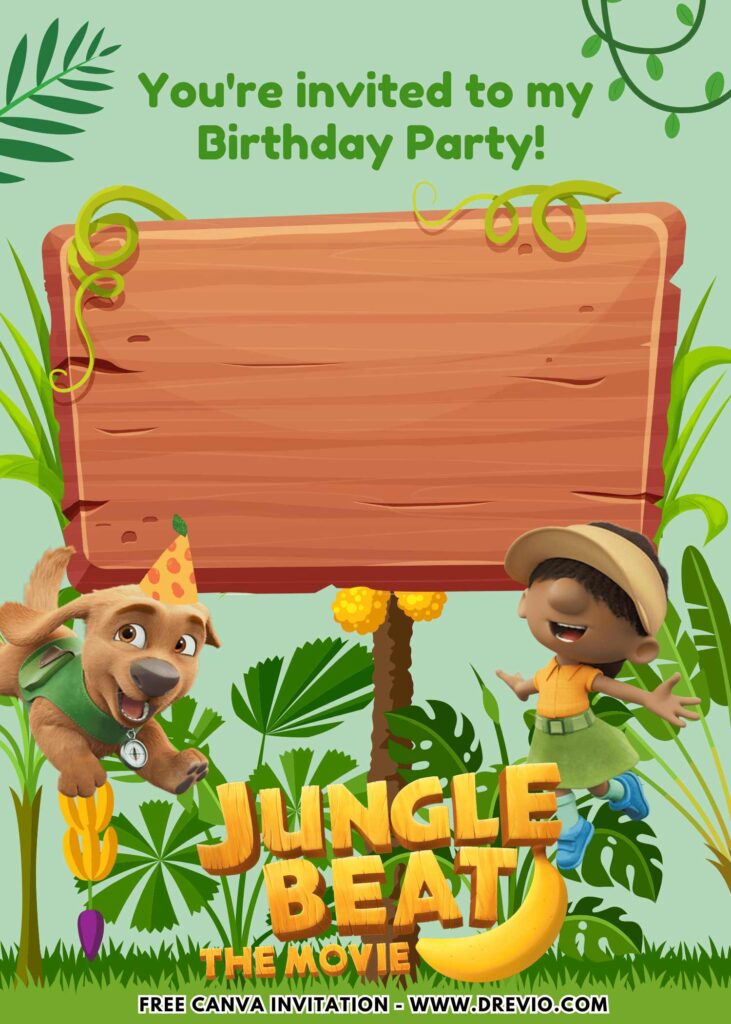 Free and Editable Jungle Beat Puppy and Rita Birthday Invitation Templates Made in Canva. Customize Online for free