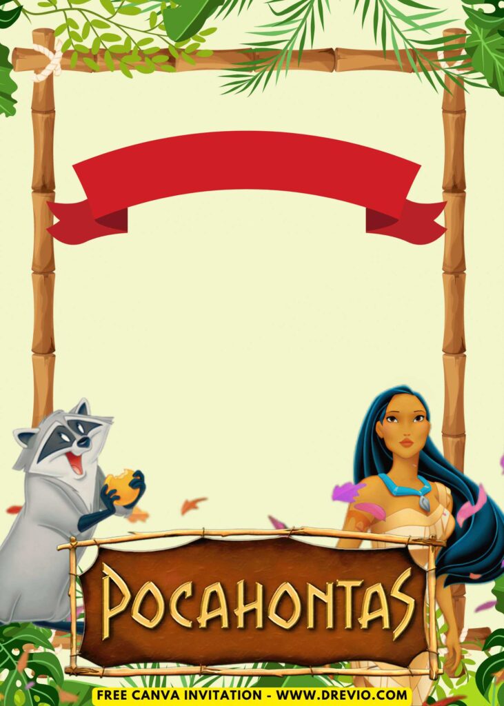 Free and Editable Lovely Cute Disney Pocahontas Birthday Invitation Templates Made in Canva. Customize Online for free