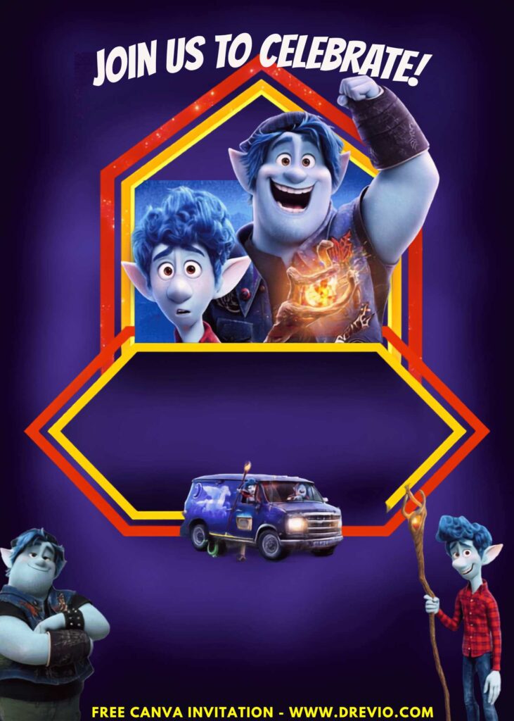Free and Editable Disney Onward Van Birthday Invitation Templates Made in Canva. Customize Online for free