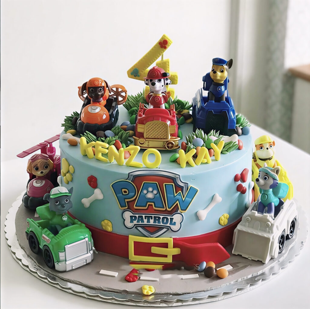 paw patrol ready race rescue birthday cake with Chase Marshall Zuma Rubble Rocky Skye and Everest Toy Figurines