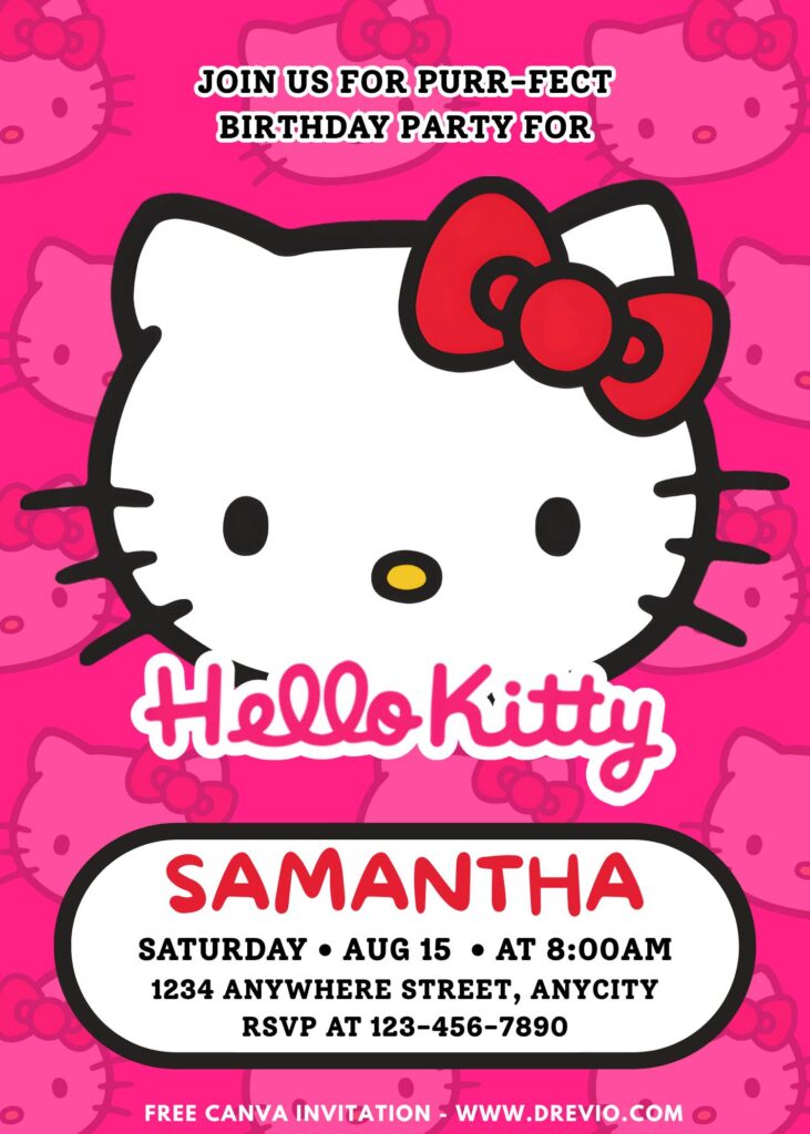 Free and Editable Hello Kitty Pink Birthday Invitation Templates Made in Canva. Customize Online for free