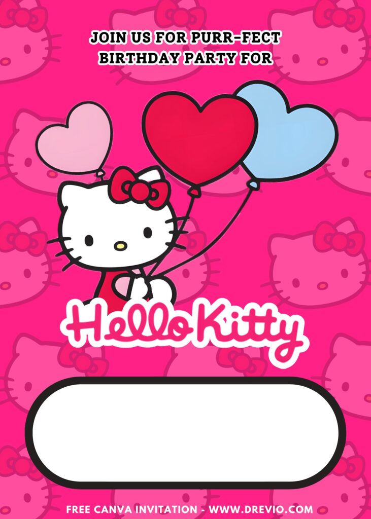 Free and Editable Hello Kitty Pink Heart Shaped Balloon Birthday Invitation Templates Made in Canva. Customize Online for free