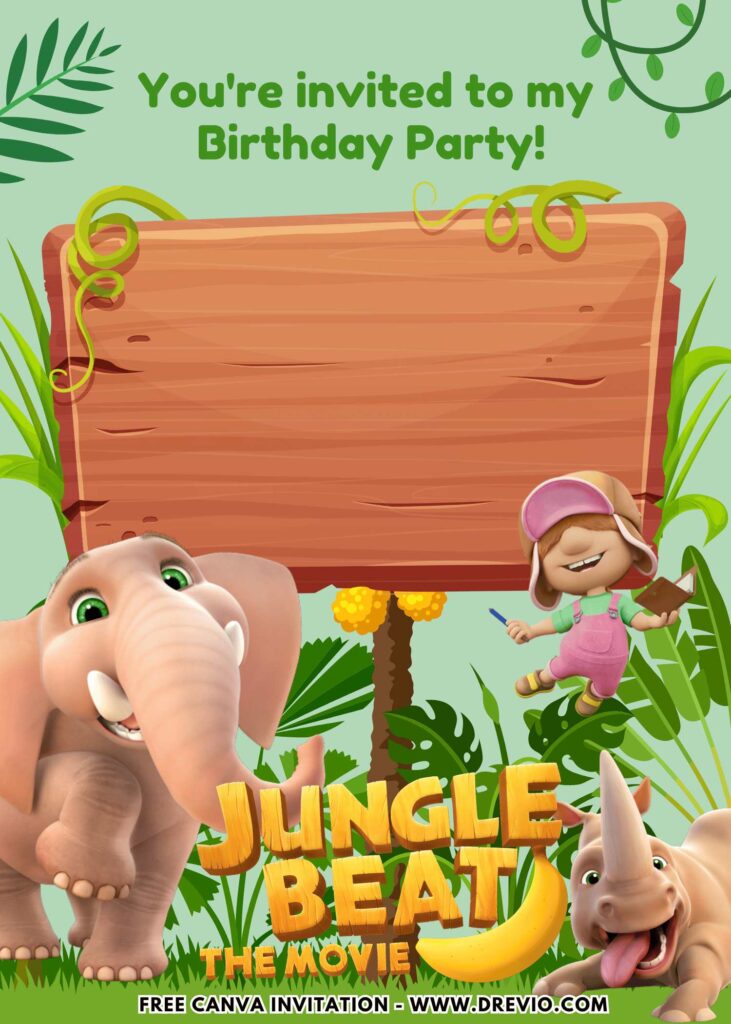 Free and Editable Jungle Beat Trunk and Mirabelle and Birthday Invitation Templates Made in Canva. Customize Online for free
