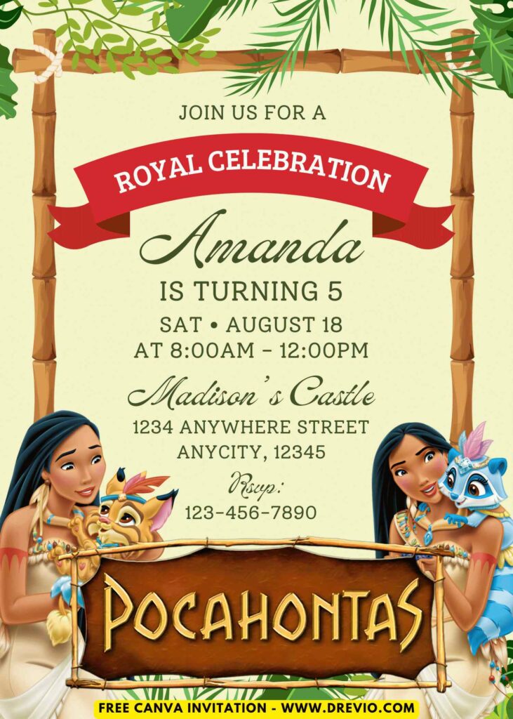 Free and Editable Disney Pocahontas Birthday Invitation Templates Made in Canva. Customize Online for free