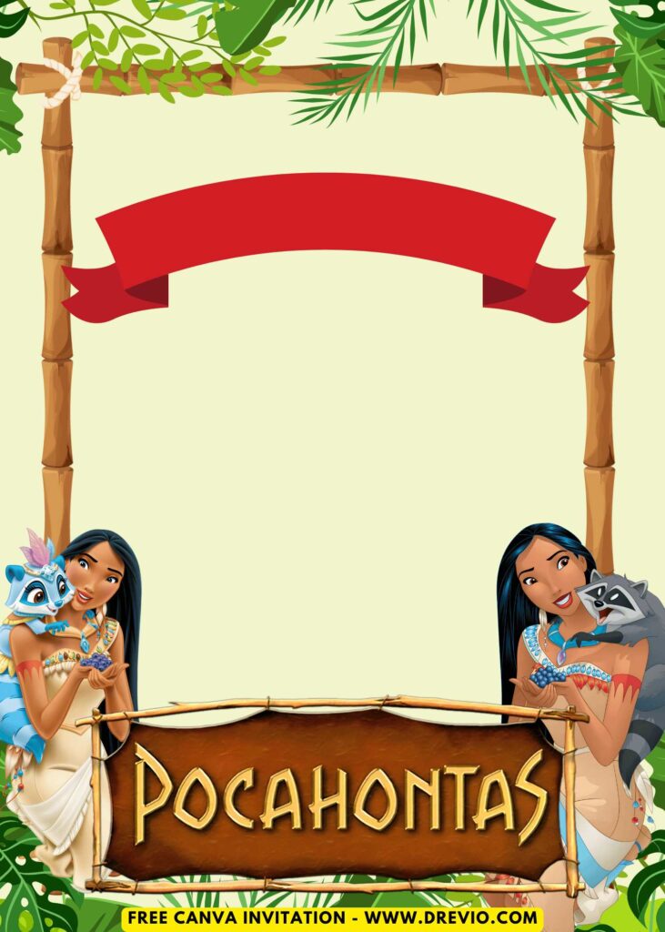 Free and Editable Amazon Princess Disney Pocahontas Birthday Invitation Templates Made in Canva. Customize Online for free