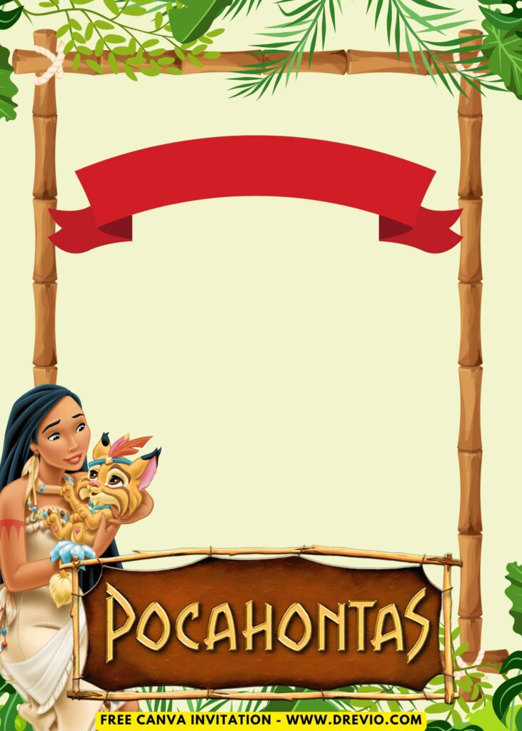 Free and Editable Jungle Princess Disney Pocahontas Birthday Invitation Templates Made in Canva. Customize Online for free