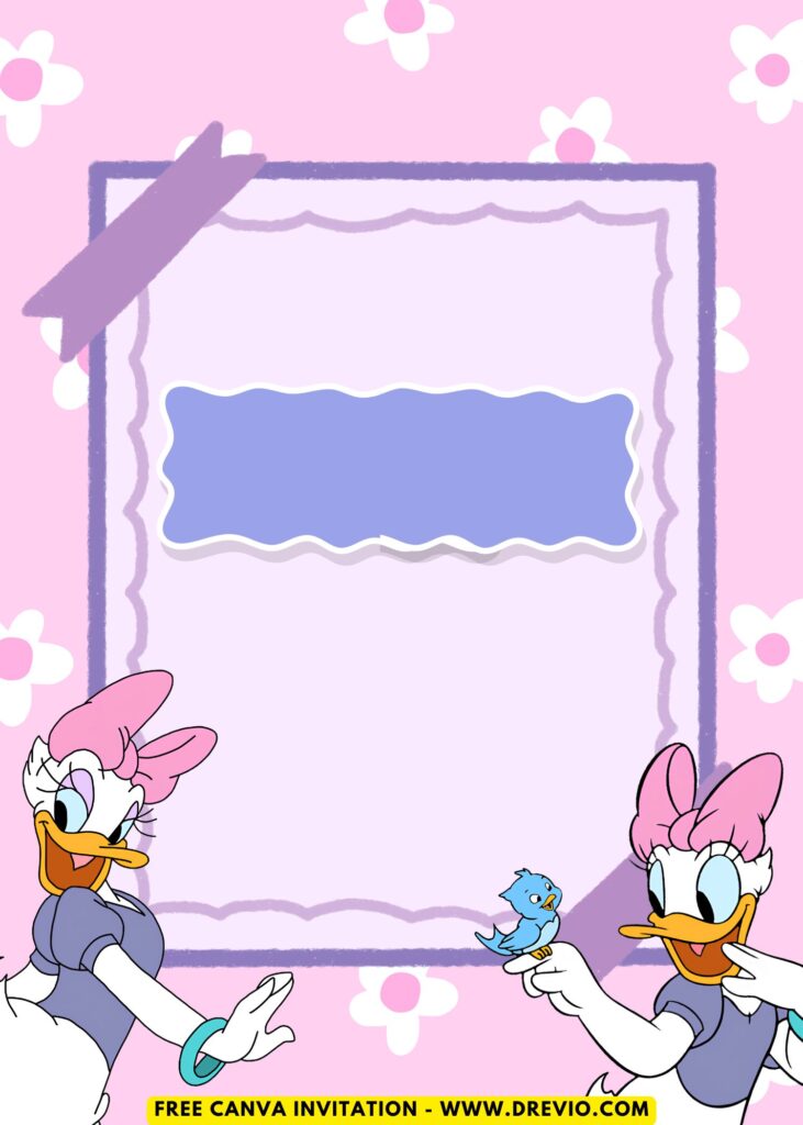 Free and Editable Disney Daisy Duck Girl Birthday Invitation Templates Made in Canva. Customize Online for free
