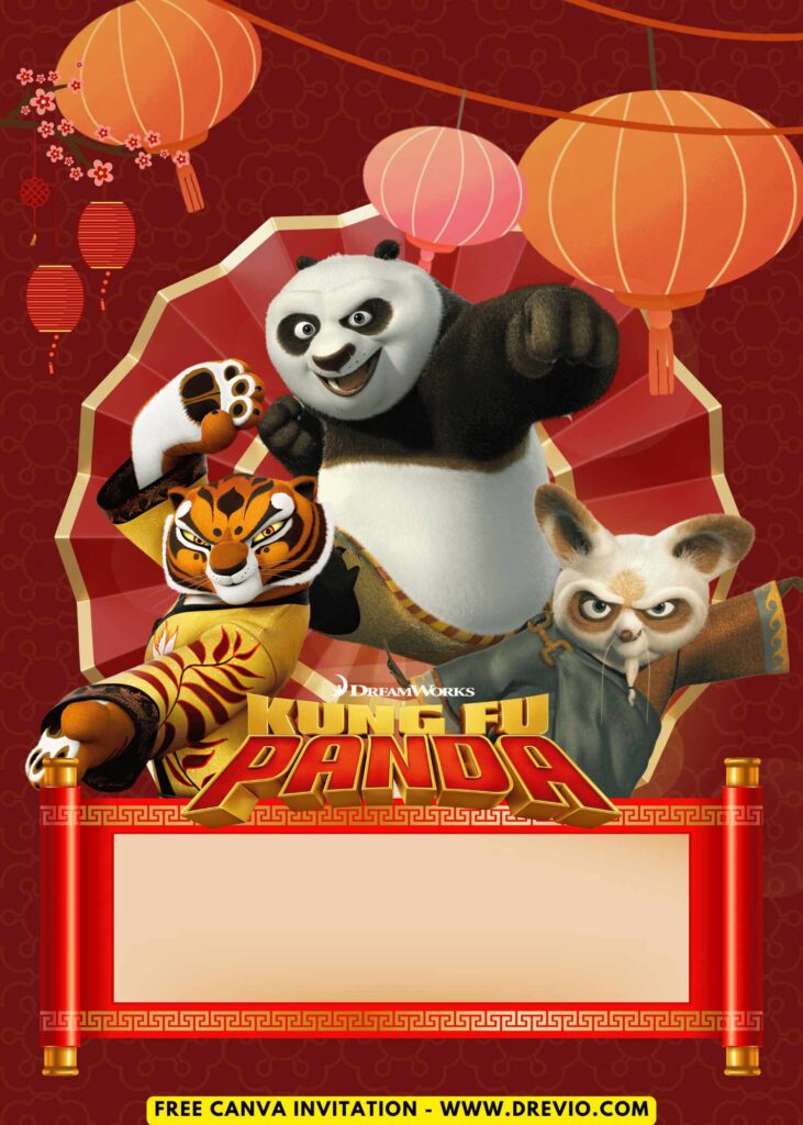 Free and Editable Kung Fu Panda Po and Shifu Birthday Invitation Templates Made in Canva. Customize Online for free