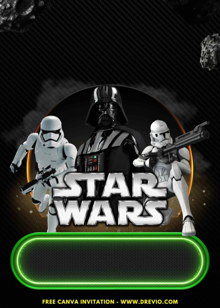 Free and Editable Star Wars Darth Vader and Stormtroopers Boys Birthday Invitation Templates Made in Canva. Customize Online for free