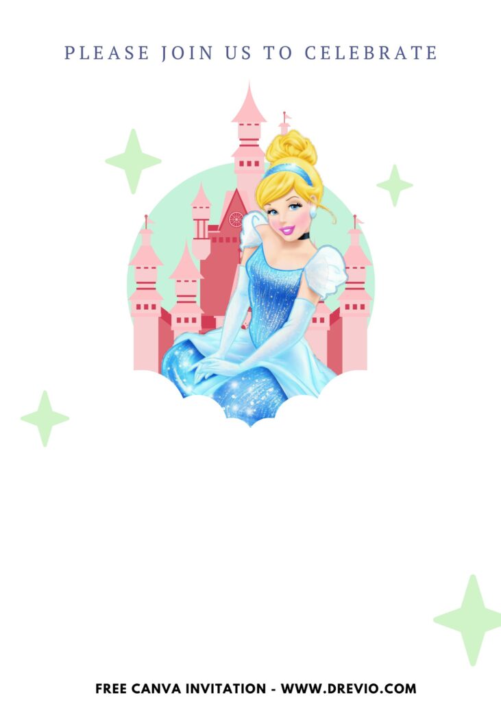 Free and Editable Beautiful Princess Cinderella Birthday Invitation Templates Made in Canva. Customize Online for free