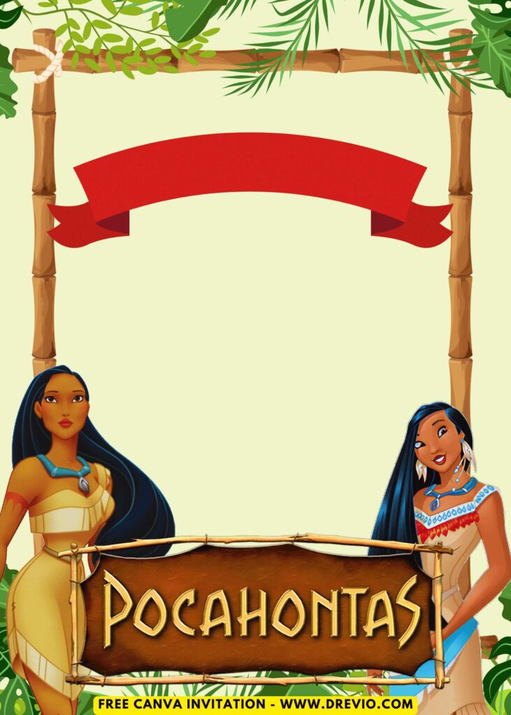 Free and Editable Disney Pocahontas Kids Birthday Invitation Templates Made in Canva. Customize Online for free