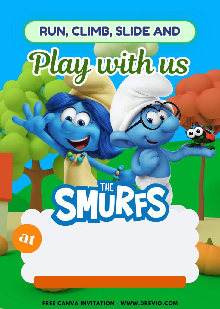 Free and Editable Lovely Cute Smurfs Smurftastic Birthday Invitation Templates Made in Canva. Customize Online for free