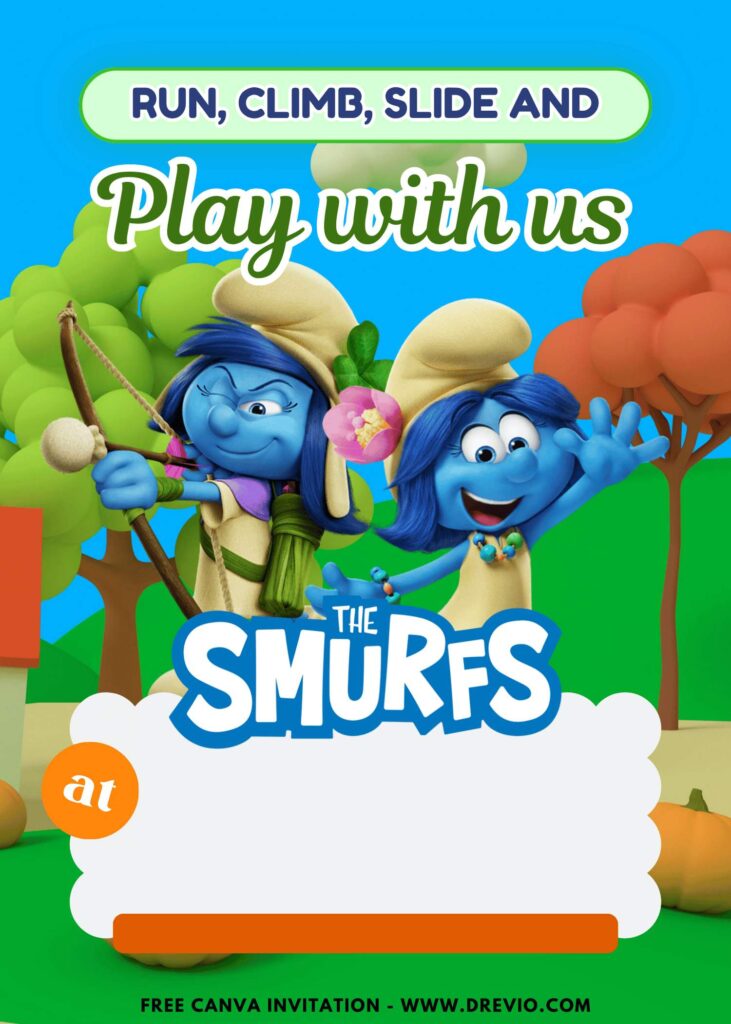 Free and Editable Fun Smurfette Smurfs Smurftastic Birthday Invitation Templates Made in Canva. Customize Online for free