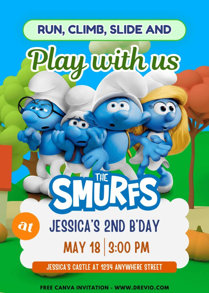 Free and Editable Smurfs Smurftastic Birthday Invitation Templates Made in Canva. Customize Online for free