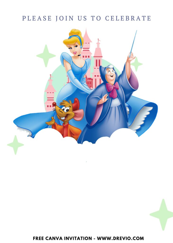 Free and Editable Princess Cinderella and Fairy Birthday Invitation Templates Made in Canva. Customize Online for free