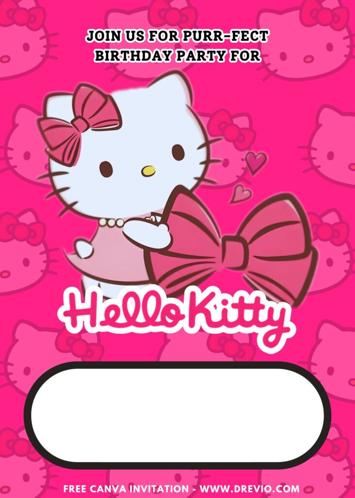 Free and Editable Giant Hello Kitty Pink Bow Birthday Invitation Templates Made in Canva. Customize Online for free