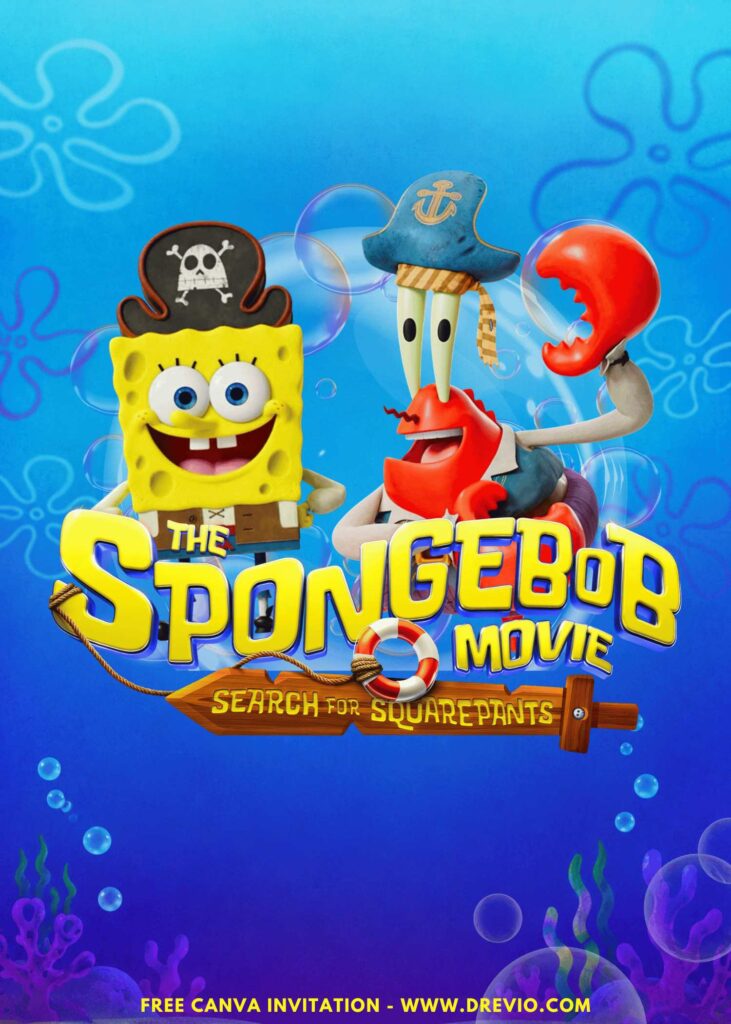 Free and Editable SpongeBob and Mr. Krab Pirate Movie Birthday Invitation Templates Made in Canva. Customize Online for free