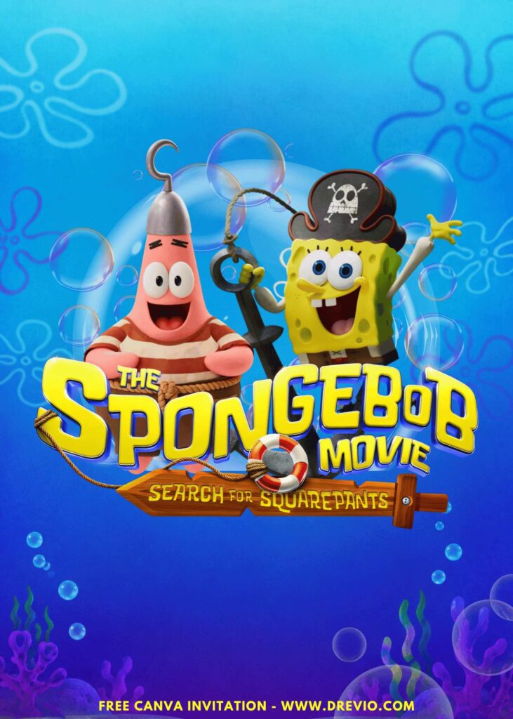 Free and Editable Cute Patrick Star and SpongeBob Pirate Movie Birthday Invitation Templates Made in Canva. Customize Online for free