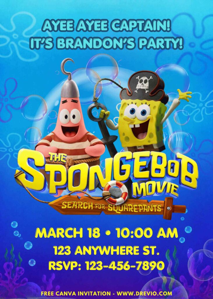 Free and Editable SpongeBob Pirate Movie Birthday Invitation Templates Made in Canva. Customize Online for free