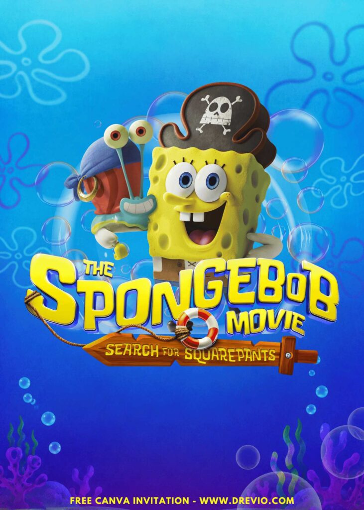 Free and Editable SpongeBob and Gary the Snail Pirate Movie Birthday Invitation Templates Made in Canva. Customize Online for free