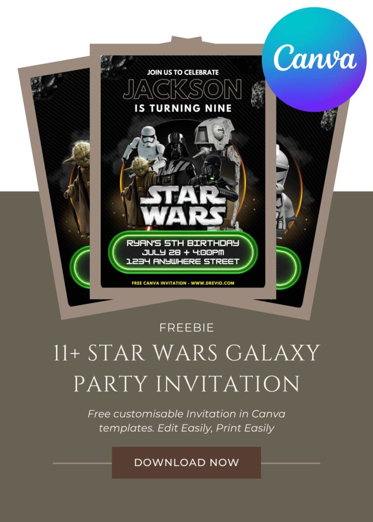 Free and Editable Epic Star Wars Darth Vader Galaxy Birthday Invitation Templates Made in Canva. Customize Online for free