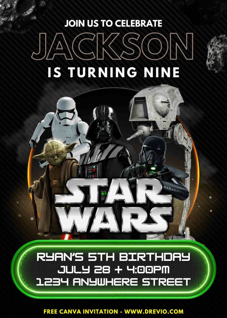 Free and Editable Star Wars Darth Vader Galaxy Birthday Invitation Templates Made in Canva. Customize Online for free