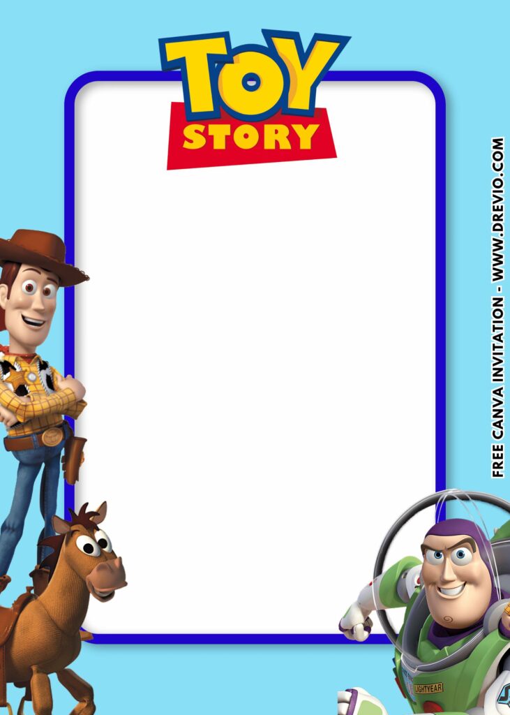 Free and Editable Cute Bullseye Woody and Buzz Toy Story 5 Birthday Invitation Templates Made in Canva. Customize Online for free