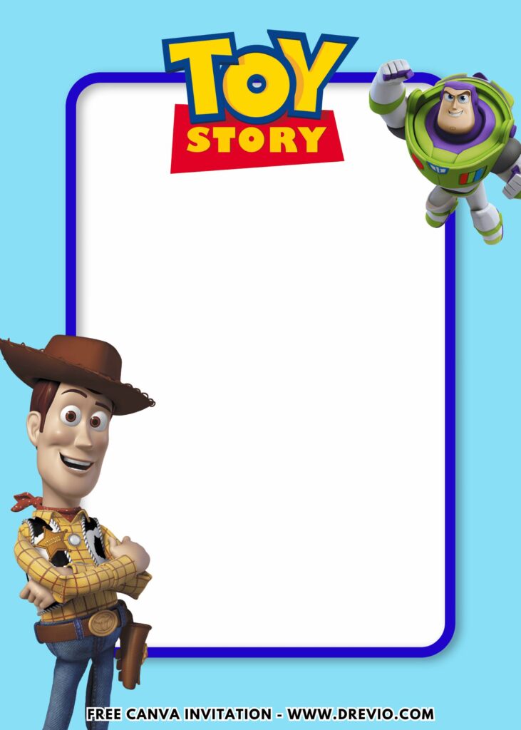 Free and Editable Adorable Toy Story 5 Woody and Buzz Lightyear Birthday Invitation Templates Made in Canva. Customize Online for free