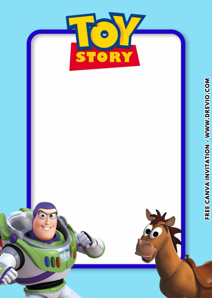 Free and Editable Toy Story 5 Buzz Lightyear and Bullseye Birthday Invitation Templates Made in Canva. Customize Online for free