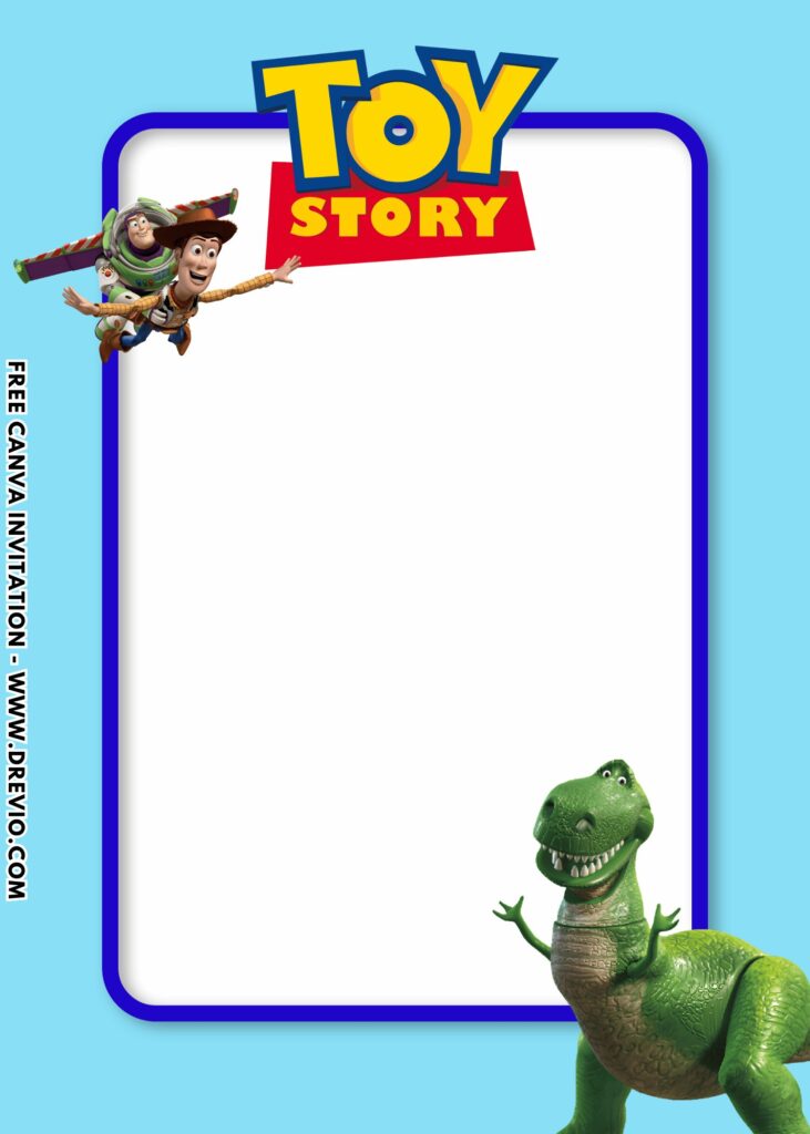 Free and Editable Toy Story 5 Rex Buzz lightyear and Woody Cowboy Birthday Invitation Templates Made in Canva. Customize Online for free