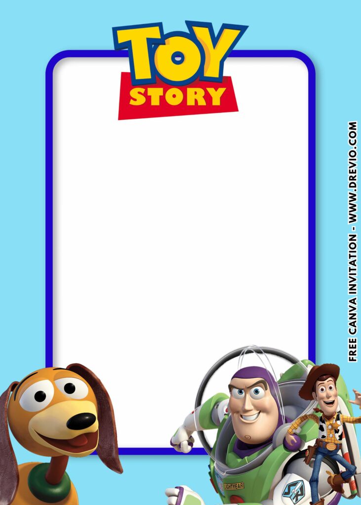Free and Editable Toy Story 5 Slinky Dog Buzz and Woody Birthday Invitation Templates Made in Canva. Customize Online for free