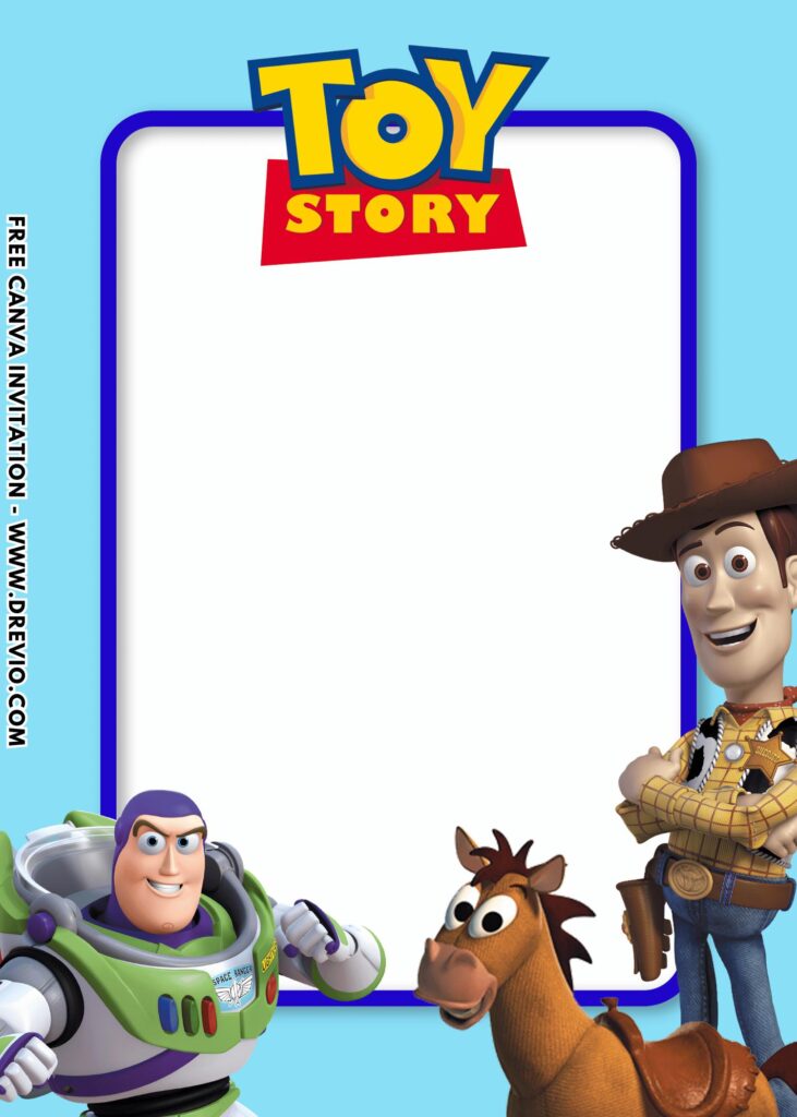 Free and Editable Woody Cowboy and Buzz Lightyear Toy Story 5 Birthday Invitation Templates Made in Canva. Customize Online for free
