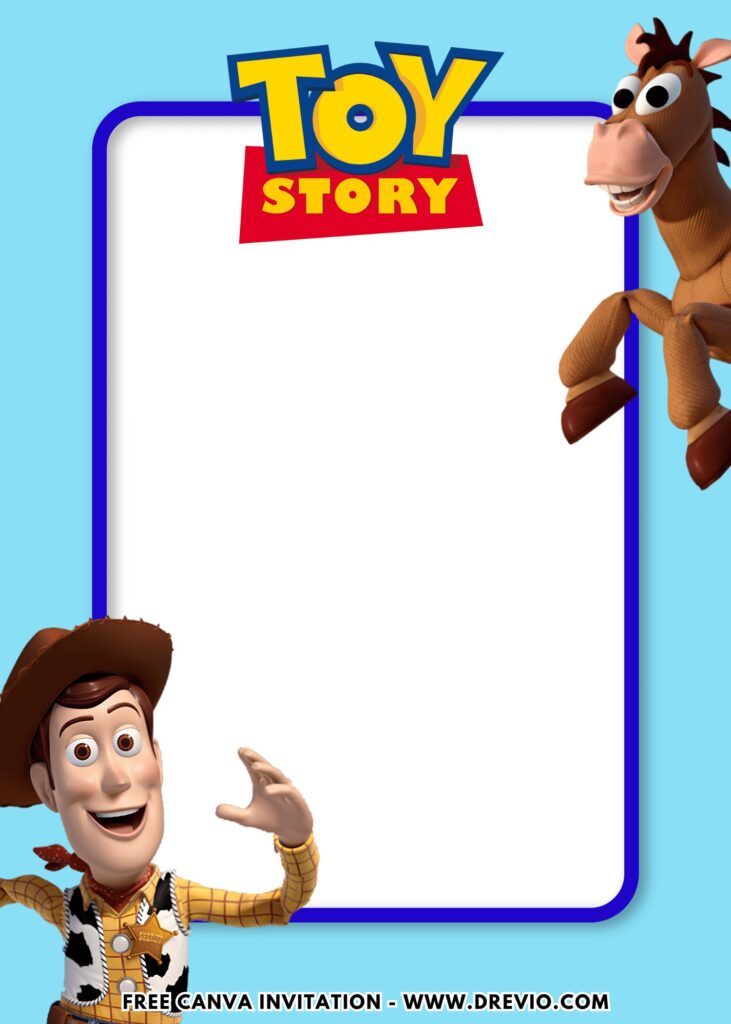 Free and Editable Lovely Cute Toy Story 5 Woody and Bullseye Birthday Invitation Templates Made in Canva. Customize Online for free