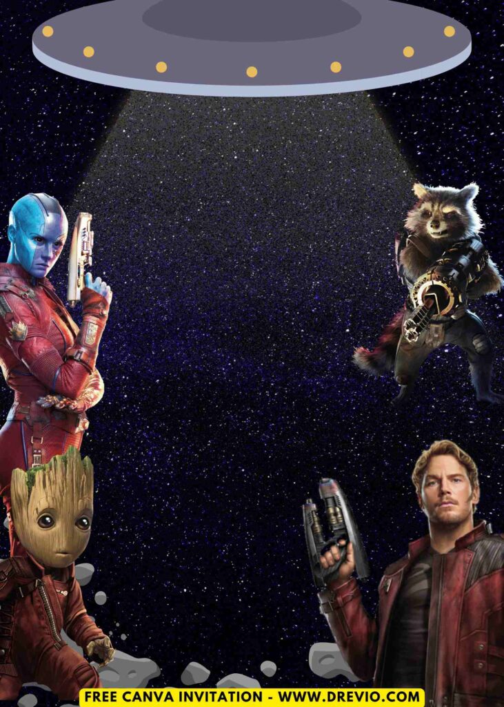 Free and Editable Awesome Star Lord Groot Rocket Raccoon and Nebula Guardians of Galaxy Birthday Invitation Templates Made in Canva. Customize Online for free